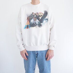 Vintage Hanes White Indigenous Animal Print Cotton Blend Crewneck Sweater XL